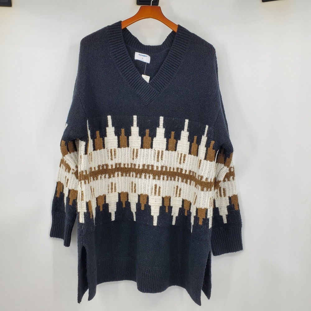 Old Navy Womens 2X Plus Black Fair Isle V Neck Tunic Sweater Slouchy NWT Cozy